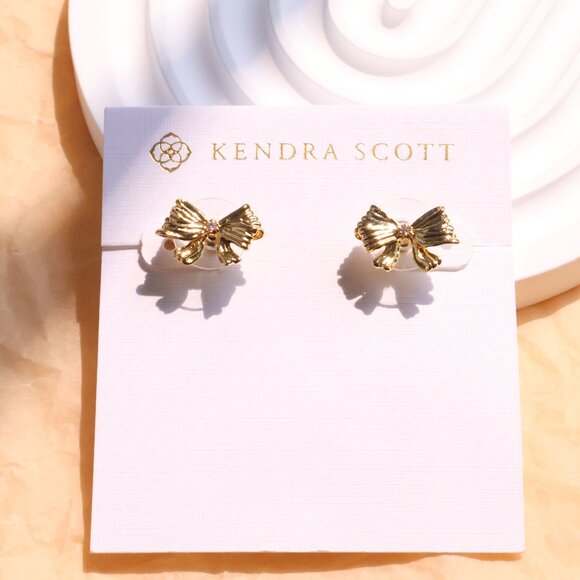 Kendra Scott - x LoveShackFancy Bow White Crystal Stud Earrings Gold - Picture 1 of 2